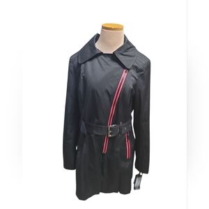 Black Rivet Assymetrical Zipper Belted Trench Coat NWT